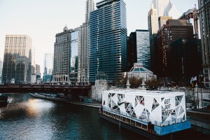 apple & nike drawn to chicago river.
