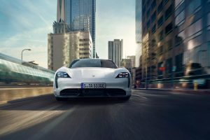 2020 porsche taycan luxury all-electric high-performance pollution-free hits the road.