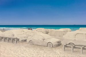 life-size sand traffic jam seen on miami beach during design miami/ 2019. leandro erlich.